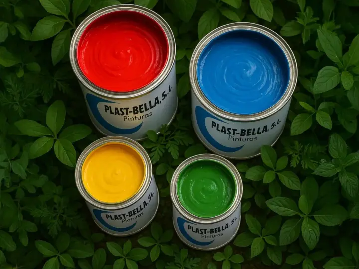 Latas de pintura roja, azul, amarilla y verde listas para pintar plástico.