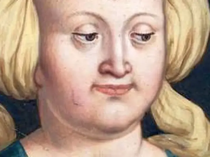 Portret Elżbiety Rakuszanki, która z dumą spogląda na swoich wnuków. Jej blond włosy są upięte w charakterystyczne koki.