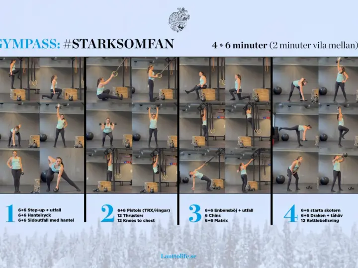 En kvinna utför olika övningar med hantlar, bland annat utfall med hantlar, som en del av ett gympass.
