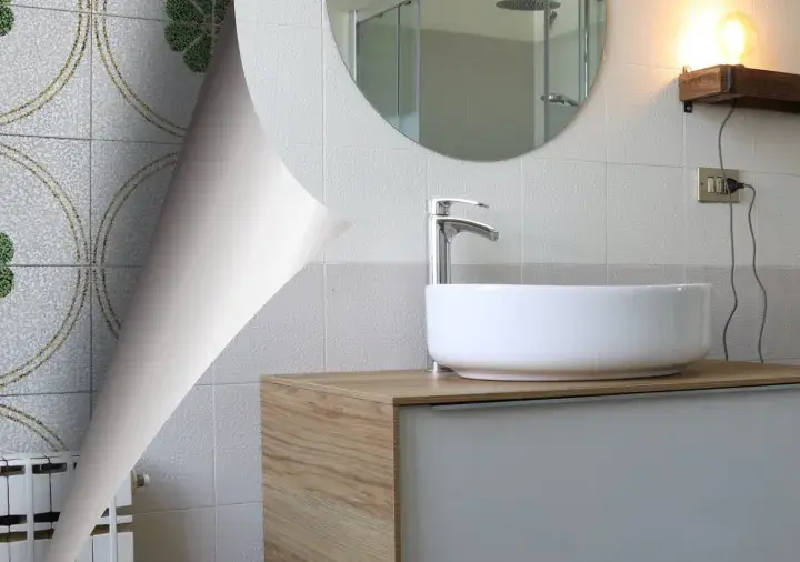 Un bagno anni '70 con piastrelle floreali verdi e un moderno lavabo.