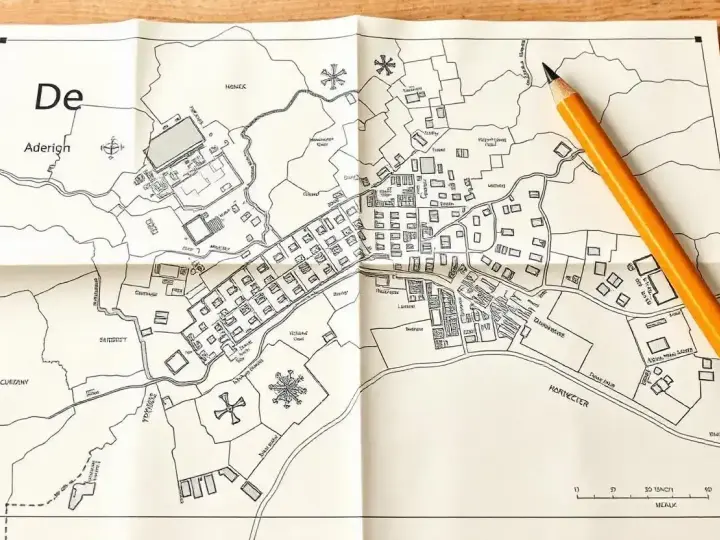 Ołówek spoczywa na złożonej mapa do celów projektowych przedstawiającej miasto z budynkami, rzeką i polami.