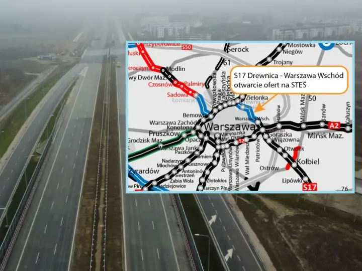 Droga S17, wschodnia obwodnica Warszawy, w budowie. Mapa pokazuje trasę S17 Drewnica - Warszawa Wschód.