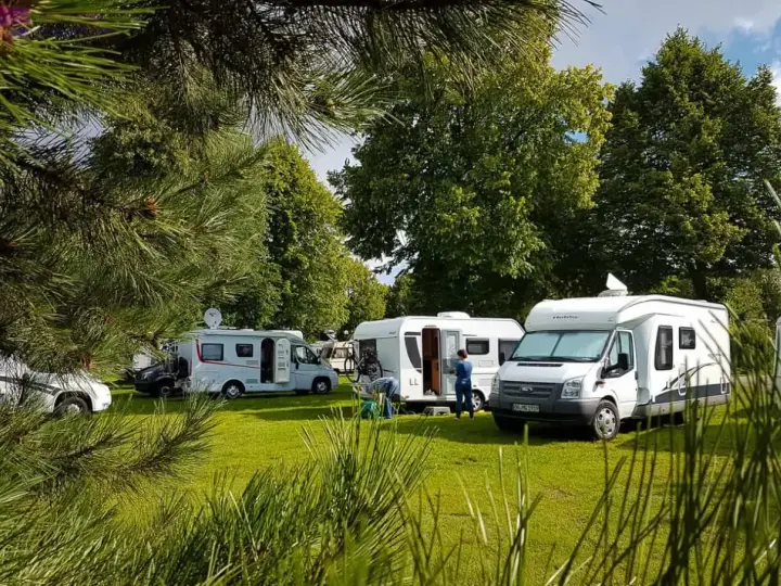 Kilka kamperów zaparkowanych na zielonym trawniku, w otoczeniu drzew. Idealne miejsce na wakacje w kamper park.