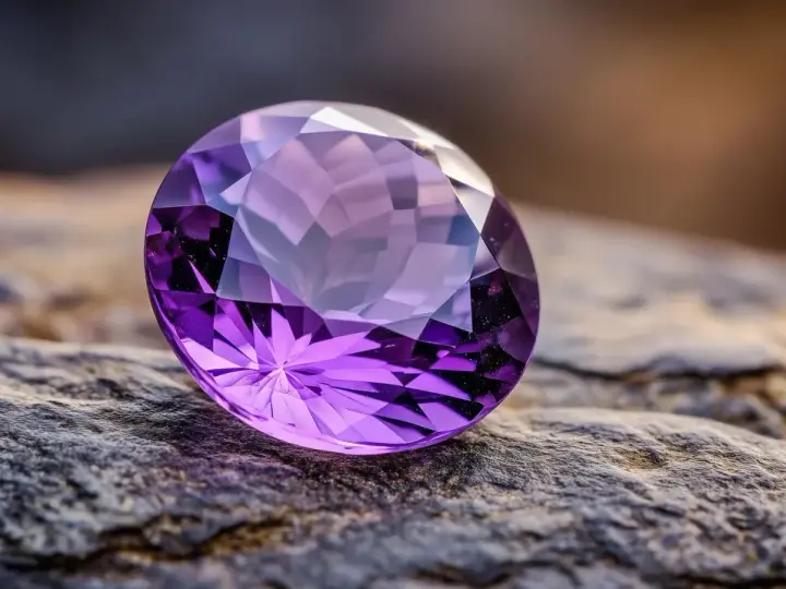 A faceted amethyst, the beautiful feb birthstone, rests on a textured rock.