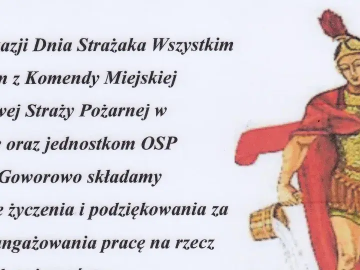 Ilustracja z okazji Dnia Strażaka, z życzeniami i podziękowaniami. Może posłużyć jako inspiracja do krótkich wierszyków o strażakach.