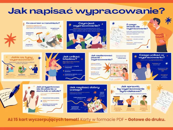 Ilustracja pokazuje, jak napisać wypracowanie, omawiając jego strukturę, typy, unikanie błędów i ciekawe pisanie.
