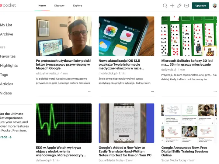 Zapisane strony: artykuły o protestach w Google Maps, aktualizacji iOS, grze Solitaire, EKG w Apple Watch, tłumaczeniu notatek i szkoleniach online.