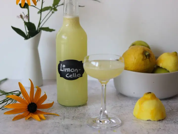 Erfrischendes Limoncello Eis, serviert in einem Glas, neben einer Flasche und frischen Zitronen. Ein gelber Sonnenhut blüht daneben.