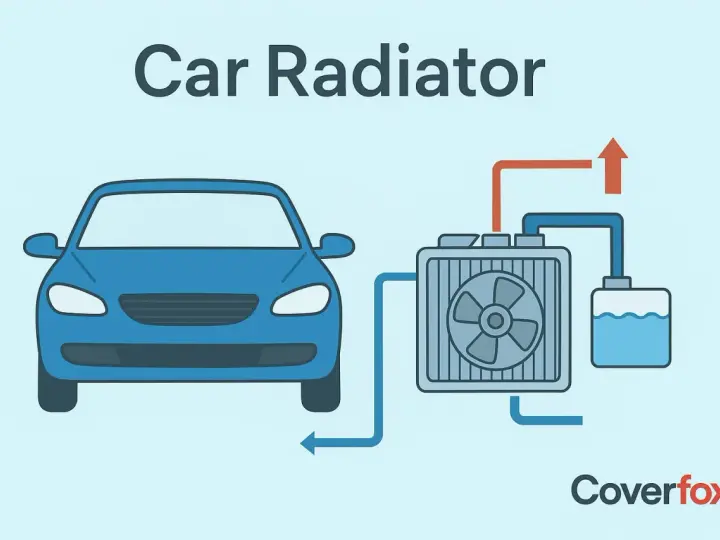 Diagram showing a blue car connected to a car radiator with a fan and coolant reservoir, illustrating how a radiator cools the engine.