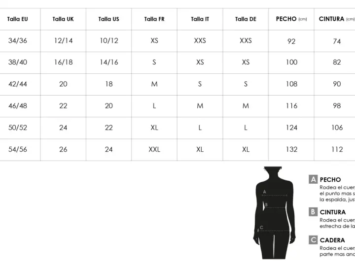 Tabla de tallas: talla 12 usa en España equivale a talla L europea. Incluye medidas de pecho, cintura y cadera.