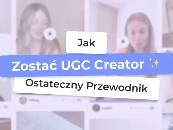 Uśmiechnięte kobiety trzymające tabliczki z napisem "Jak Zostać UGC Creator" i "Ostateczny Przewodnik".