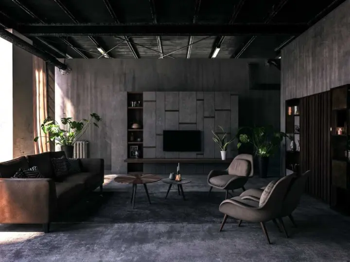 Nowoczesny salon z betonowymi ścianami, meblami w stylu hi-tech i roślinami. Styl hi-tech we florystyce podkreśla industrialny charakter wnętrza.