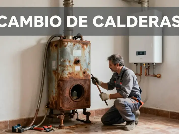 Un técnico evalúa una caldera vieja y oxidada junto a una nueva. Averigua cuanto cuesta cambiar una caldera de gas.