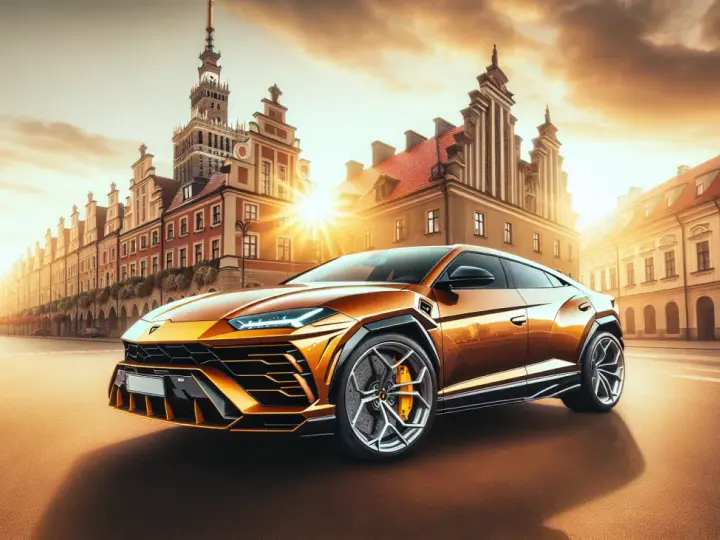 Złoty Lamborghini Urus na tle zabytkowej ulicy. Zastanawiasz się, ile kosztuje Lamborghini Urus? Ten luksusowy SUV zachwyca designem i mocą.