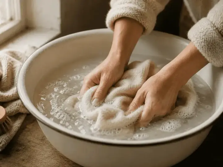 Händer tvättar ull med såpa i en balja. En borste och en handduk ligger bredvid.