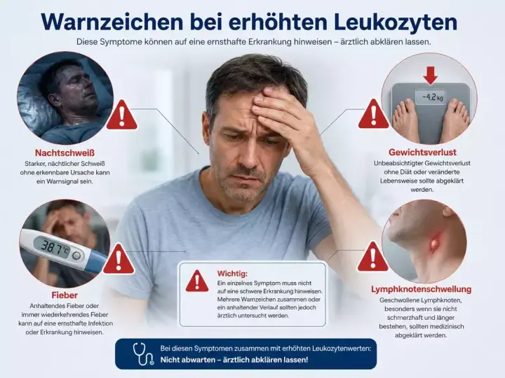 Warnzeichen bei erhöhten Leukozyten: Nachtschweiß, Fieber, Gewichtsverlust, Lymphknotenschwellung. Bei diesen Symptomen ärztlich abklären lassen!