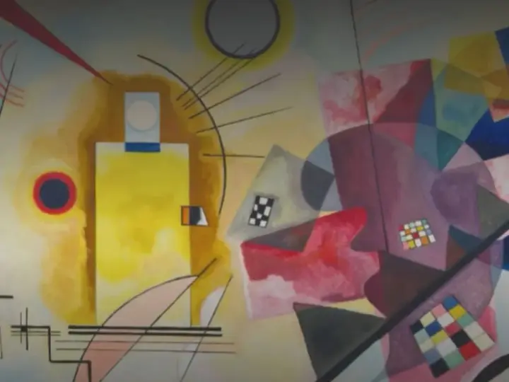 Un tableau carré rouge, jaune, bleu, avec des formes abstraites et des lignes noires.