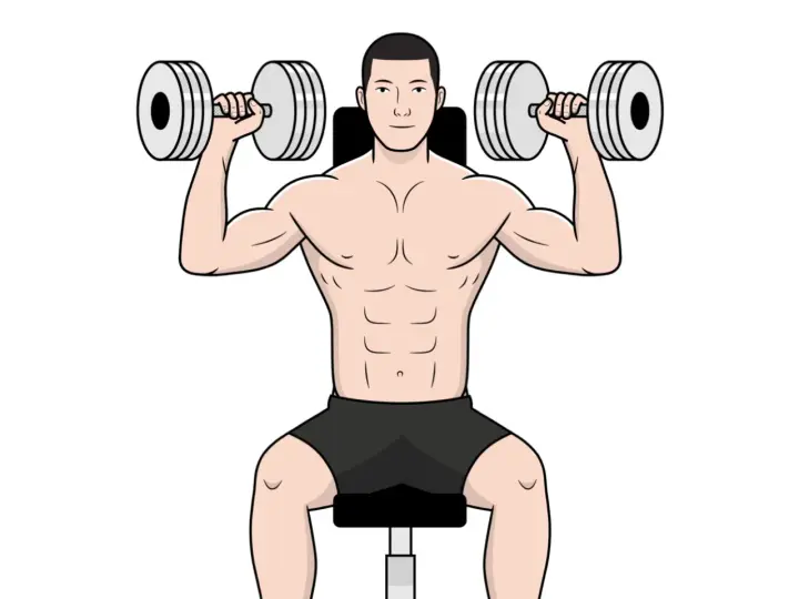 Homme musclé travaillant ses épaules avec des haltères. Il est assis, concentré sur son entraînement pour muscler ses épaules.