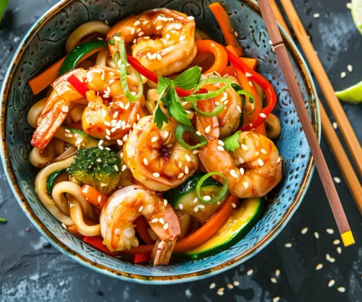 Makaron udon z krewetkami, warzywami, sosem ostrygowym i sezamem