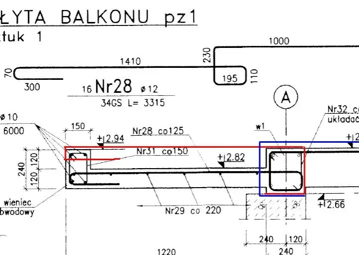 Zbrojenie balkonu: Kompletny rysunek techniczny z opisem