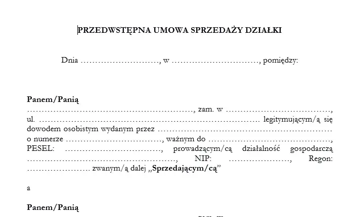 Wzór umowy przedwstępnej z zadatkiem na zakup działki - poradnik