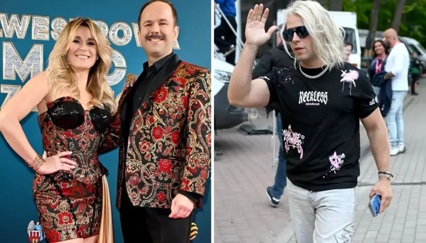 Popularni piosenkarze: para w strojach z błyszczącymi elementami i mężczyzna z blond włosami w czarnej koszulce.