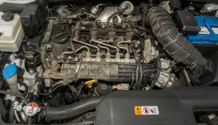 Silnik Hyundai ix35. Widoczne wtryskiwacze i przewody paliwowe. Kontrolka DPF może się świecić z powodu problemów z filtrem cząstek stałych.