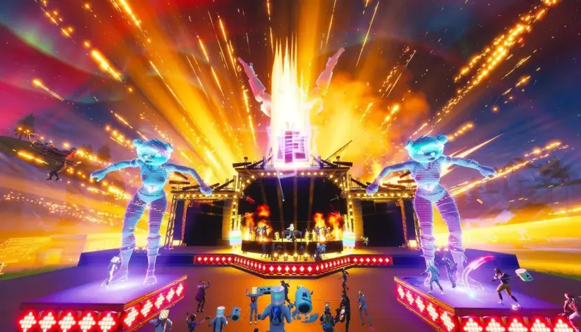 Koncert w Fortnite z Marshmello w roli głównej. Gigantyczne, świecące postacie misiów i wybuchy fajerwerków tworzą niesamowitą atmosferę.