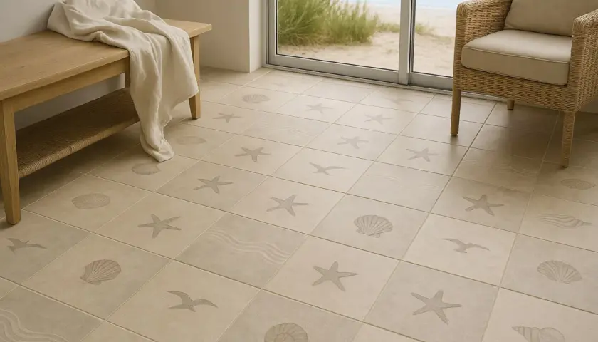 Piastrelle cucina casa al mare con disegni di stelle marine, conchiglie e gabbiani. Un tocco di vacanza per ogni stanza.