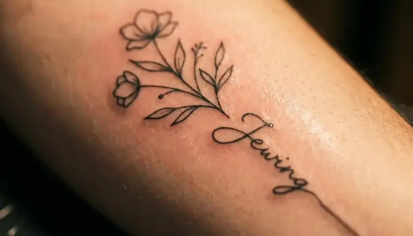 Delikatny line art tattoo z gałązką kwiatów i napisem "Sewing".