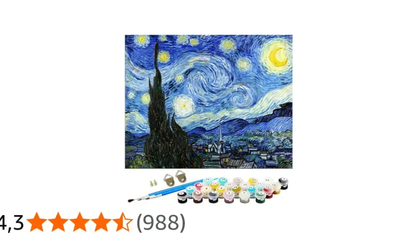 Kit de pintura por números para niños, recreando la noche estrellada de Van Gogh. Incluye pincel y pinturas.
