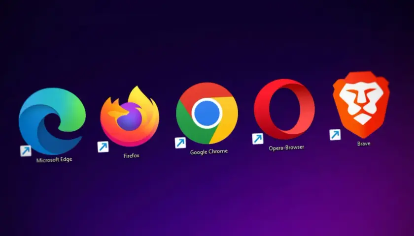 Ikony najpopularniejszych przeglądarek internetowych w Polsce: Microsoft Edge, Firefox, Google Chrome, Opera, Brave.