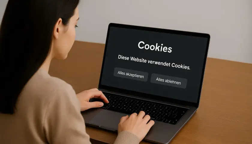 Frau am Laptop entscheidet über optionale Cookies. Sie sieht die Auswahl "Alles akzeptieren" oder "Alles ablehnen".
