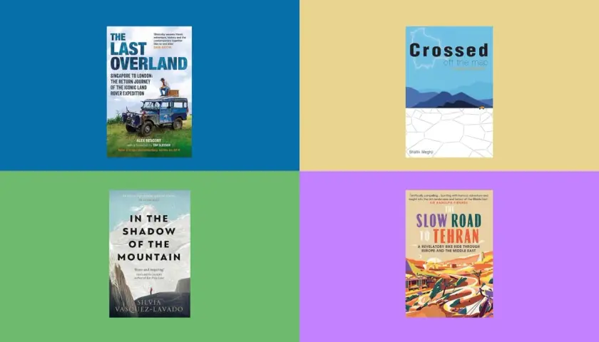 Cztery okładki książek podróżniczych: "The Last Overland", "Crossed off the map", "In the Shadow of the Mountain" i "The Slow Road to Tehran" – inspirujące historie dla miłośników najlepszych książek podróżniczych.