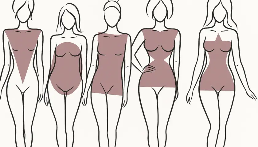 Siluetas femeninas con formas de cuerpo: triángulo invertido, óvalo, rectángulo, reloj de arena y estrella.
