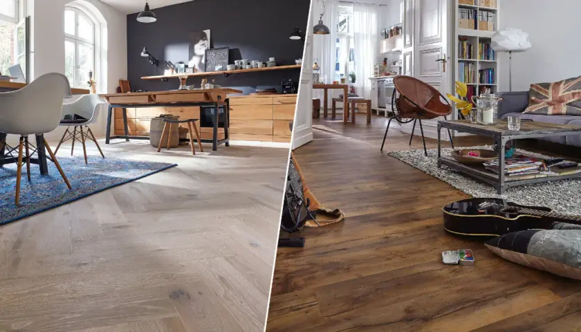Vergleich von hellem Parkett im Fischgrätmuster mit dunklem Laminatboden. Der Unterschied zwischen Laminat und Parkett wird hier deutlich.