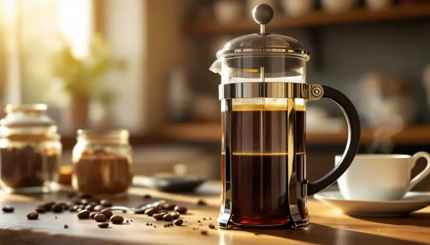 Aromatyczna kawa z french press, ziarna kawy i biała filiżanka na drewnianym blacie.