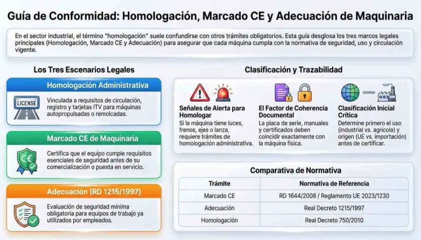 Guía sobre homologación CE, marcado CE y adecuación de maquinaria. Explica los tres escenarios legales: homologación administrativa, marcado CE y adecuación.