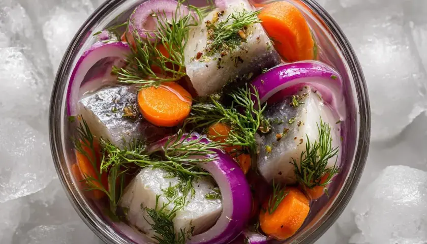 Inlagd sill med dill, rödlök och morötter i en skål på is. En klassisk svensk rätt, 123 lag.