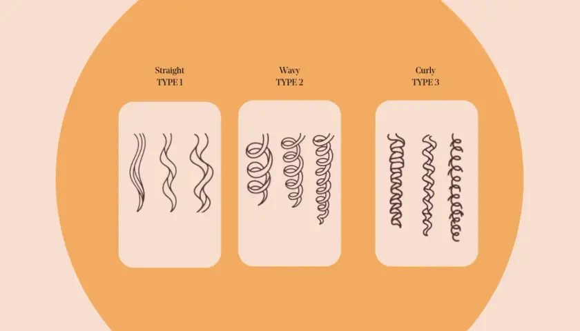 Illustration visar olika hårtyper: rakt (typ 1), vågigt (typ 2) och lockigt (typ 3).
