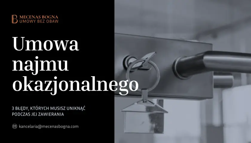 Klucz do drzwi z breloczkiem w kształcie domu, symbolizujący umowę najmu okazjonalnego. Tekst informuje o błędach, których należy unikać przy jej zawieraniu.