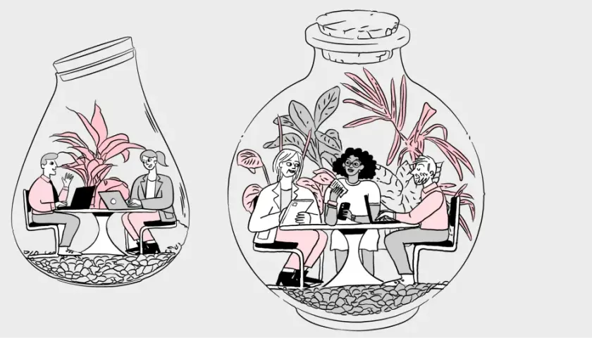 Personas trabajando en terrarios, ilustrando los silos organizacionales.