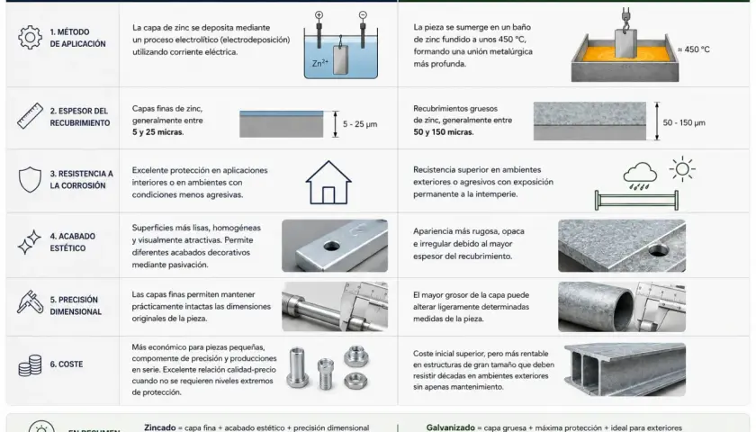 Comparativa de zincado y galvanizado: el zincado ofrece capas finas, acabado estético y precisión dimensional, ideal para interiores.
