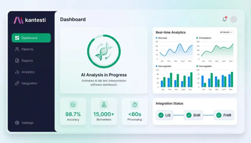 Dashboard di software medici Kantesti: analisi AI in corso, grafici in tempo reale, accuratezza 98.7%, 15.000+ biomarcatori, integrazione LIS/EHR/FHIR.