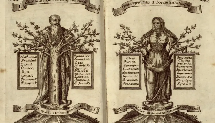 Drzewa genealogiczne z postaciami mężczyzny i kobiety, przedstawiające relacje rodzinne, w tym kuzynów.