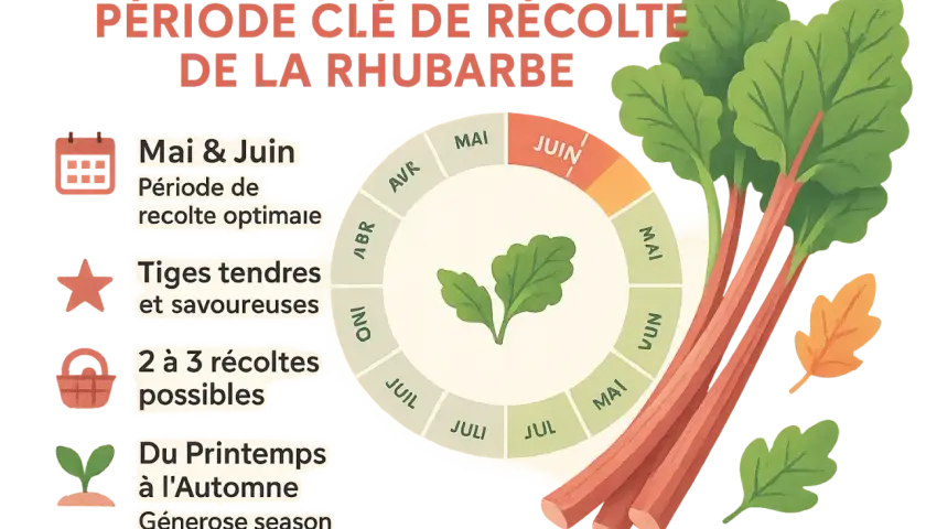 Quand cueillir la rhubarbe : Mai et Juin sont la période de récolte optimale pour des tiges tendres et savoureuses. Profitez de 2 à 3 récoltes du printemps à l'automne.