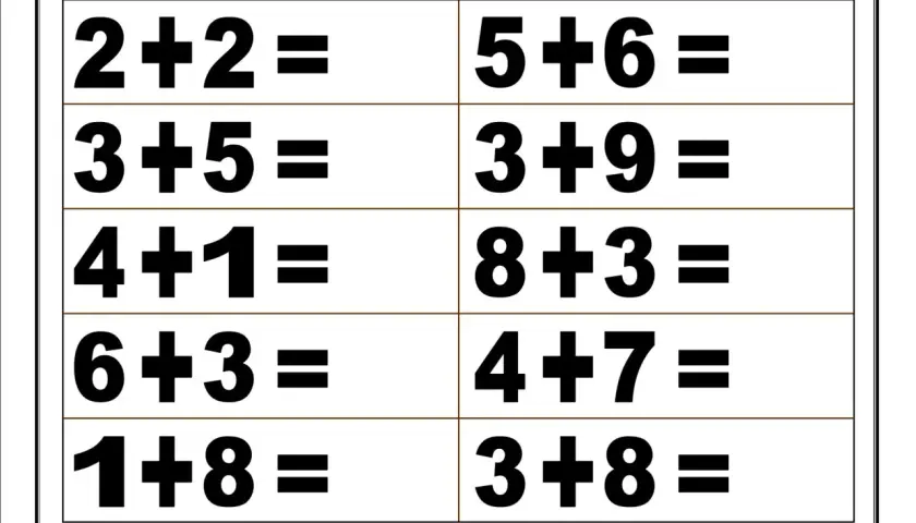 Fichas de sumas y restas para imprimir con ejercicios como 2+2= y 5+6=.