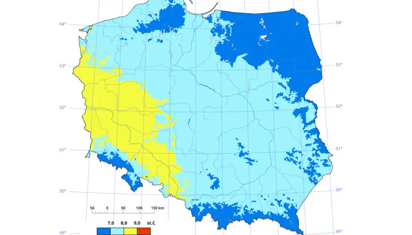 Mapa Polski z zaznaczonymi temperaturami. Gdzie jest najcieplej w Polsce? Najwyższe temperatury (żółte i czerwone obszary) występują na zachodzie i południu kraju.