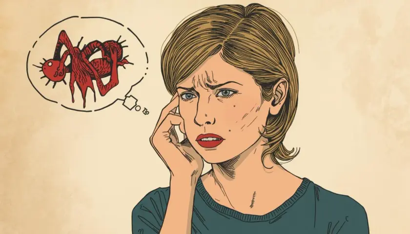 Donna pensierosa con un pensiero inquietante: un ragno rosso stilizzato, perché ho pensieri omicidi.