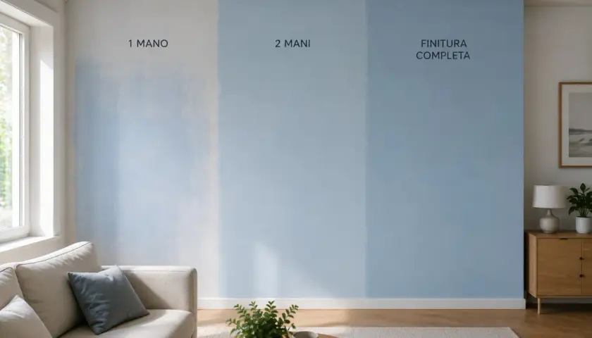 Parete con campiture di colore azzurro che mostrano l'effetto di 1 mano, 2 mani e finitura completa, illustrando nuove tecniche di pittura per interni.